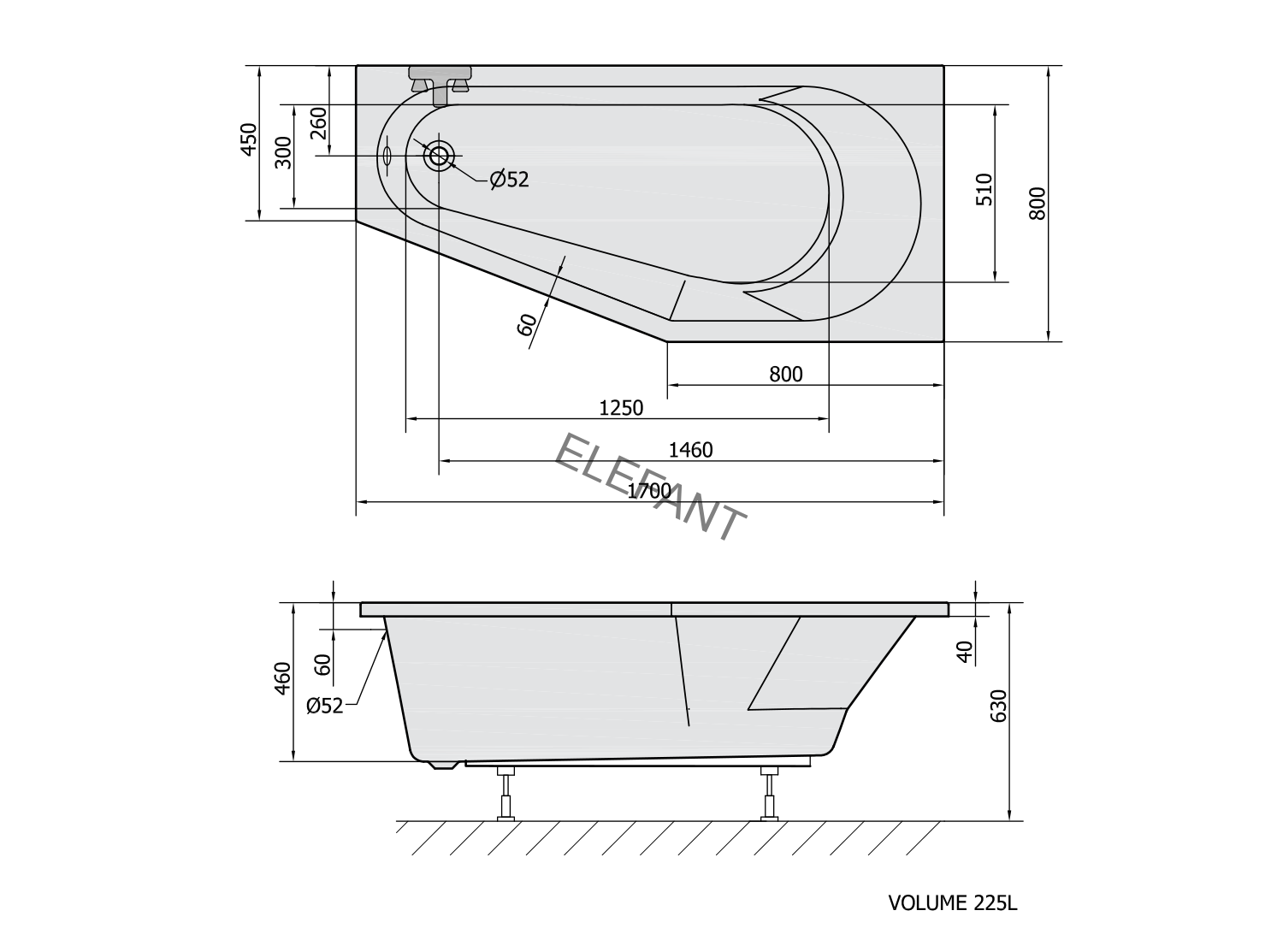 TIGRA R asymetrická vana 170x80x46cm, bílá